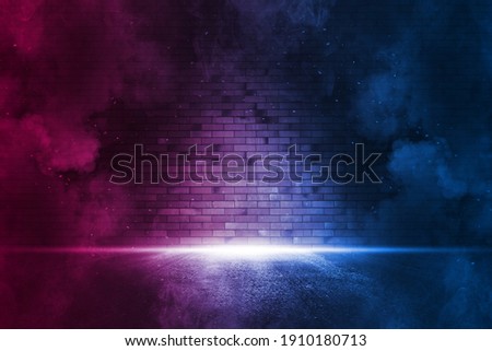 Rays neon light on neon brick wall. Empty scene.