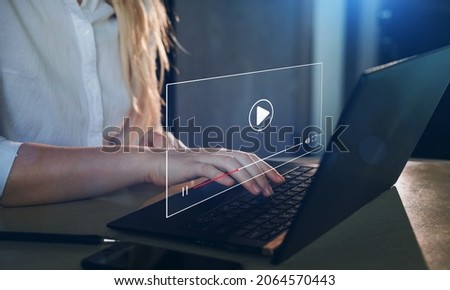 Businesswoman watching a live stream.Live digital stream multimedia player. Online live stream window. Video streaming on internet concept.