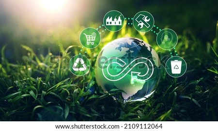 Circular economy concept. Energy consumption and CO2 emissions are increasing.
Sharing,reusing,repairing,renovating and recycling existing materials and products as much possible. Photo stock © 
