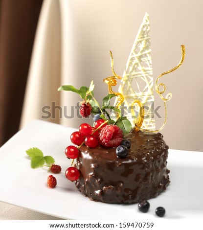 Chocolate cake with fresh fruit in a  plate
