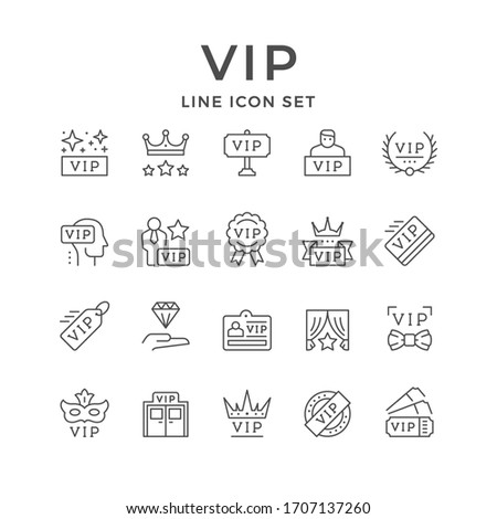 Set line icons of VIP isolated on white. Very important person, pass card, royal sign, celebrity symbol, privilege entrance, anonymous guest, special member