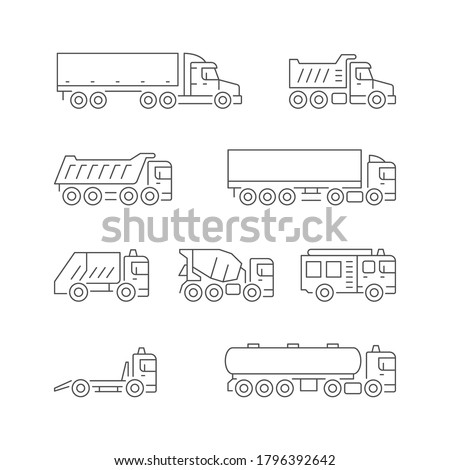 Set line icons of trucks isolated on white. Trailer, dumper, garbage truck, concrete mixer, fire engine, tow truck, tanker. Freight transportation. Vector illustration
