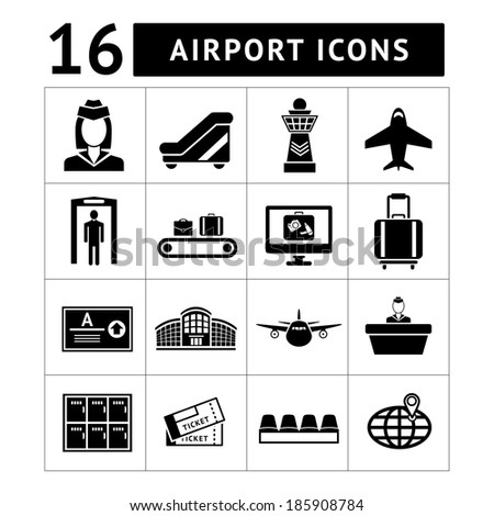 Set icons of airport isolated on white. Vector illustration
