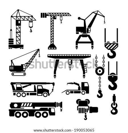 Set icons of crane, lifts and winches isolated on white. Vector illustration