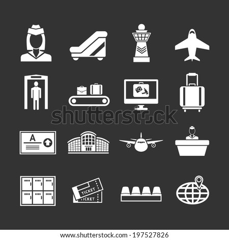 Set icons of airport isolated on black. Vector illustration