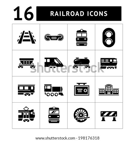 Set icons of railroad and train isolated on white. Vector illustration