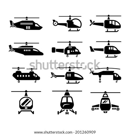 Set icons of helicopters isolated on white. Vector illustration