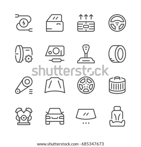 Set of car related line icons isolated on white. Contains such icons as transmission, wheel, tire, door, gear stick, filter, engine, windshield, steering wheel, seat and more. Vector illustration