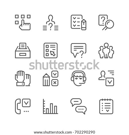 Set line icons of survey isolated on white. Contains such icons as checklist, poll, diagram, people group, questionnaire, Call center employee, ballot box and more. Vector illustration