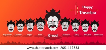 Indian festival Dussehra greeting with golden bow and arrow. Ravana heads denotes 10 evils of everyone. This dussehra destroy greed, lust, anger, negativity, envy and other evils in yourself.