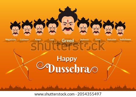 Indian festival Dussehra greeting with golden bow and arrow. Ravana 10 heads denotes 10 evils of everyone. This dussehra destroy greed, lust, anger and other evils in yourself.