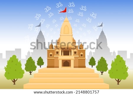 Traditional Hindu Temple with red flag isolated. North Indian style Hindu temple.