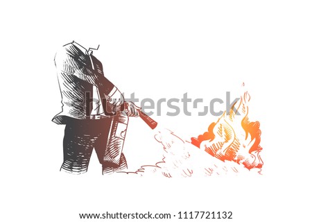 Dismissal concept. Hand drawn man with a fire extinguisher extinguishes a fire. Flame and caution isolated vector illustration.