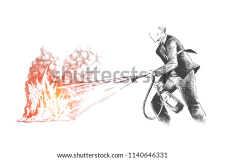 Help, audit, risk, auditor, control concept. Hand drawn plant businessman extinguish a fire concept sketch. Isolated vector illustration.