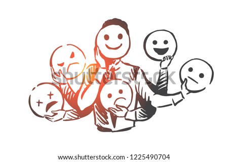 Person, emotions, mask, face, mood concept. Hand drawn person changes different emotions concept sketch. Isolated vector illustration.