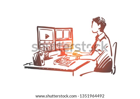 Blogger, video, vlog, media, online concept. Hand drawn blogger editing video concept sketch. Isolated vector illustration.