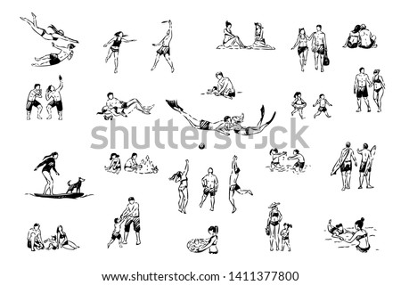 People rest at tropical resort, swimming, playing volleyball, taking photos, family beach recreation set. Holiday season activities, summertime leisure concept sketch. Hand drawn vector illustration