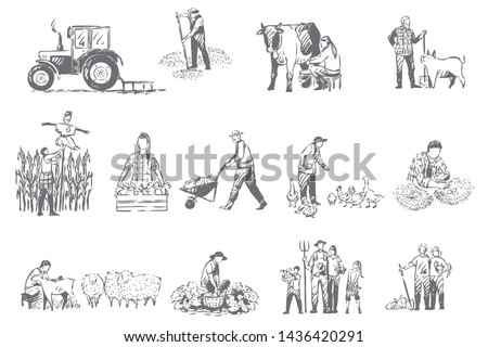 Farming business, rural economy concept sketch. Farmer lifestyle, livestock breeding, seasonal harvest collecting, food and cereals growth, farm chores, husbandry set. Isolated vector illustration