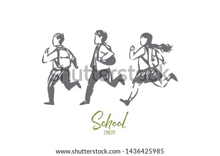 Schoolchildren concept sketch. Happy children running off to study. Kids having fun, hurry up home. Carrying backpacks to lessons. Playing catch in school backyard. Isolated vector illustration