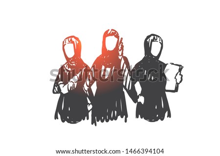 Teamwork, coworking, partnership, business woman concept sketch. Business women from Saudi Arabia standing with phone and documents. Hand drawn isolated vector illustration