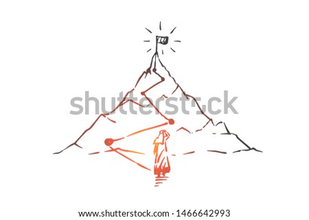 Success, leadership, champion, hero, winner concept sketch. Arab in traditional niqab looking at big mountains with flag on top and thinking about steps to climb it. Hand drawn isolated vector illustr