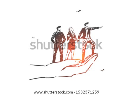 Business vision, teamwork, leadership concept sketch. Hand drawn isolated vector