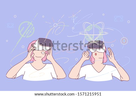 Virtual reality, computer simulated world, game concept. Female gamer wearing 3d glasses, young woman in cyberspace, gaming environment, modern entertainment, emotion expression. Simple flat vector