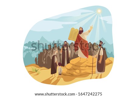 Moses with Gods tablets, Bible concept. Prophet Moses demonstrates to people of Israel stone tablets, receiving from god. Biblical illustration of ten commandments in cartoon style. Vector flat design