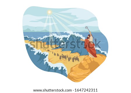 Moses, separation of Red Sea, Bible concept. Prophet Moses holds out his staff and Red Sea was separated by God power. Biblical illustraton of jews exodus from Egypt in cartoon style. Vector flat