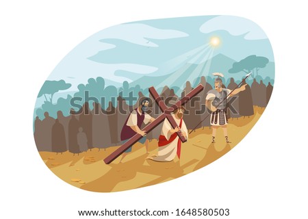 Jesus Christ on way of cross, Bible concept. Son of god in crown of thorns is carrying cross to Golgotha. Simon of Cyrene helps Messiah to bear cross. Illustration of passion in cartoon style.