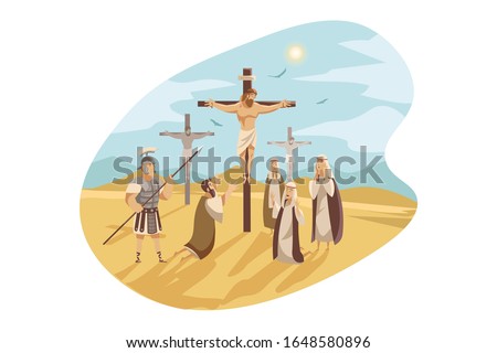 Crucifixion of Christ, Bible concept. Illustrattion of Jesus Christ, crucified on Golgotha and Maria with Simon praying and crying near him. Passion of Mesiah on of God in cartoon style. Vector flat