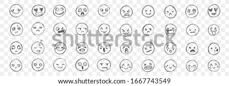 Doodle various emodji set. Hand drawn face expressions, happy, sad mood. Laughing face, smiling mouth, crying eyes. Different mood. Positive, negative human feelings. Vector illustration