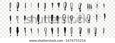 Hand drawn exclamation marks set collection. Pencil and ink various scattered exclamation marks. Sketches of punctuation sign isolated on transparent background. Vector illustration