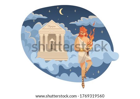 Mythology, Greece, Olympus, legend, religion concept. Prometheus titan stealing divine fire from forge god Hephaestus giving mortal people as gift. Ancient Greek religious myths illustration series.