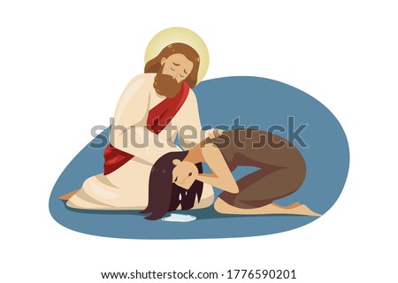 Mental stress, depression, support, religion, christianity concept. Jesus Christ son of God embracing hugging young depressed frustrated crying woman girl character. Divine help and care illustration.