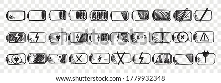 Hand drawn mobile battery doodle set. Collection of pen ink pencil drawing sketches of internet connection indicator isolated on transparent background. Illustration of low or high energy charge