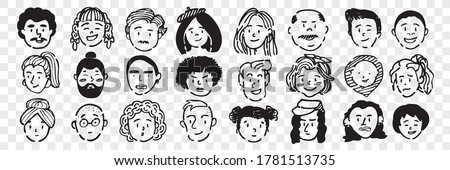 Hand drawn human faces doodle set. Collection of pen ink pencil drawing sketches of young old men women boys girls facial expressions on transparent background. Illustration different age generation.