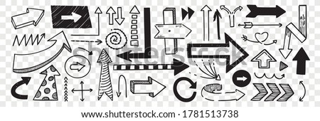 Hand drawn pointers doodle set. Collection of pen ink pencil drawing sketches direction boards and arrows isolated on transparent background. Illustration of different road or touristic placards.