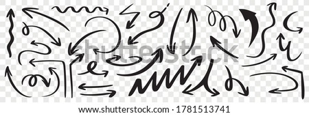 Set of hand drawn black arrows. Doodle curved scattered scribble sketch pointer line direction arrowhead on transparent background. Round or twisted navigation symbol.