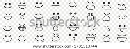 Hand drawn emotions set. Face expressions happy or sad doodles or laughing faces smiling mouths crying eyes. Different mood positive and negative human feelings illustration.