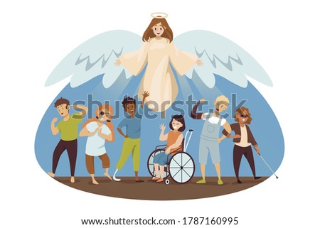 Protection, disability, support, religion, christianity concept. Angel biblical religious character protecting young happy handicapped injured disabled people men women. Divine help and healthcare.