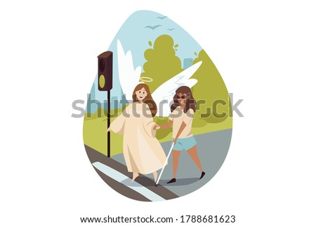 Disability, support, religion, christianity concept. Angel biblical religious character helps young happy african american blind handicapped disabled woman pedestrian crossing road. Divine protection.