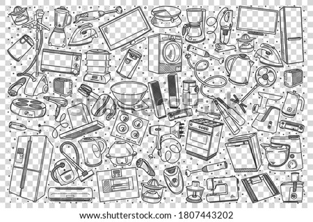 Home appliances doodle set. Collection of hand drawn sketches templates of house objects washing machine vacuum cleaner microwave on transparent background. Equipment domestic life illustration.