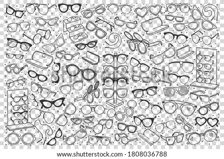 Spectacles doodle set. Colection of hand drawn sketches templates patterns of optician objects sunglasses assortment on transparent background. Eye health and vision illustration.