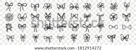 Hand drawn bows doodle set. Collection of pen pencil drawing sketches of decorative birthday holiday ribbons isolated on transparent background. Illustration of wedding celebration decoration symbol. 商業照片 © 