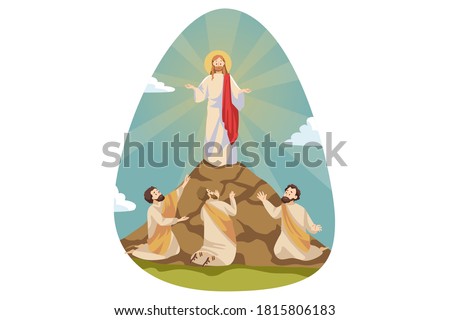 Religion, christianity, Bible concept. Jesus Christ son of God Messiah religious character appearing in front of three loyal disciples on mountain during praying. Transfiguration of Lord illustration. Сток-фото © 