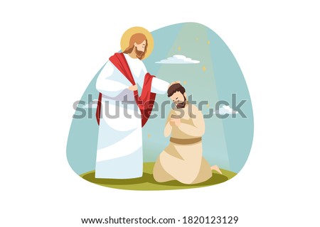 Religion, bible, chistianity concept. Jesus Christ son of God biblical religious charcter consolling blessing praying man follower disciple. Divine support and help and love of Lord illustration.