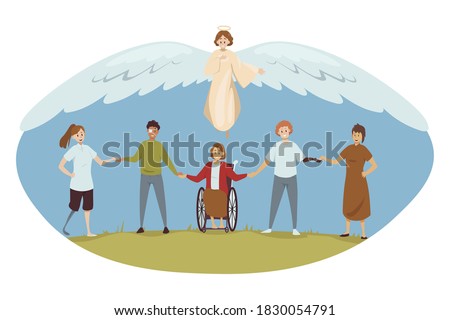 Protection, disability, support, religion, christianity concept. Angel biblical religious character protecting young happy handicapped injured disabled people men women. Divine help and healthcare.
