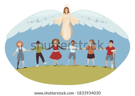 Protection, disability, support, religion, christianity concept. Angel biblical religious character protecting young happy handicapped injured disabled people children kids. Divine help healthcare.
