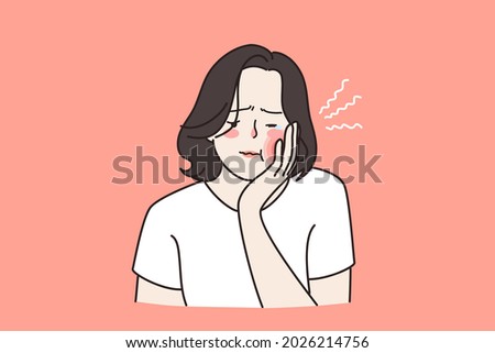 Toothache and problems with teeth concept. Young sad unhappy woman holding cheek due to toothache having expression of pain in swollen cheeks vector illustration